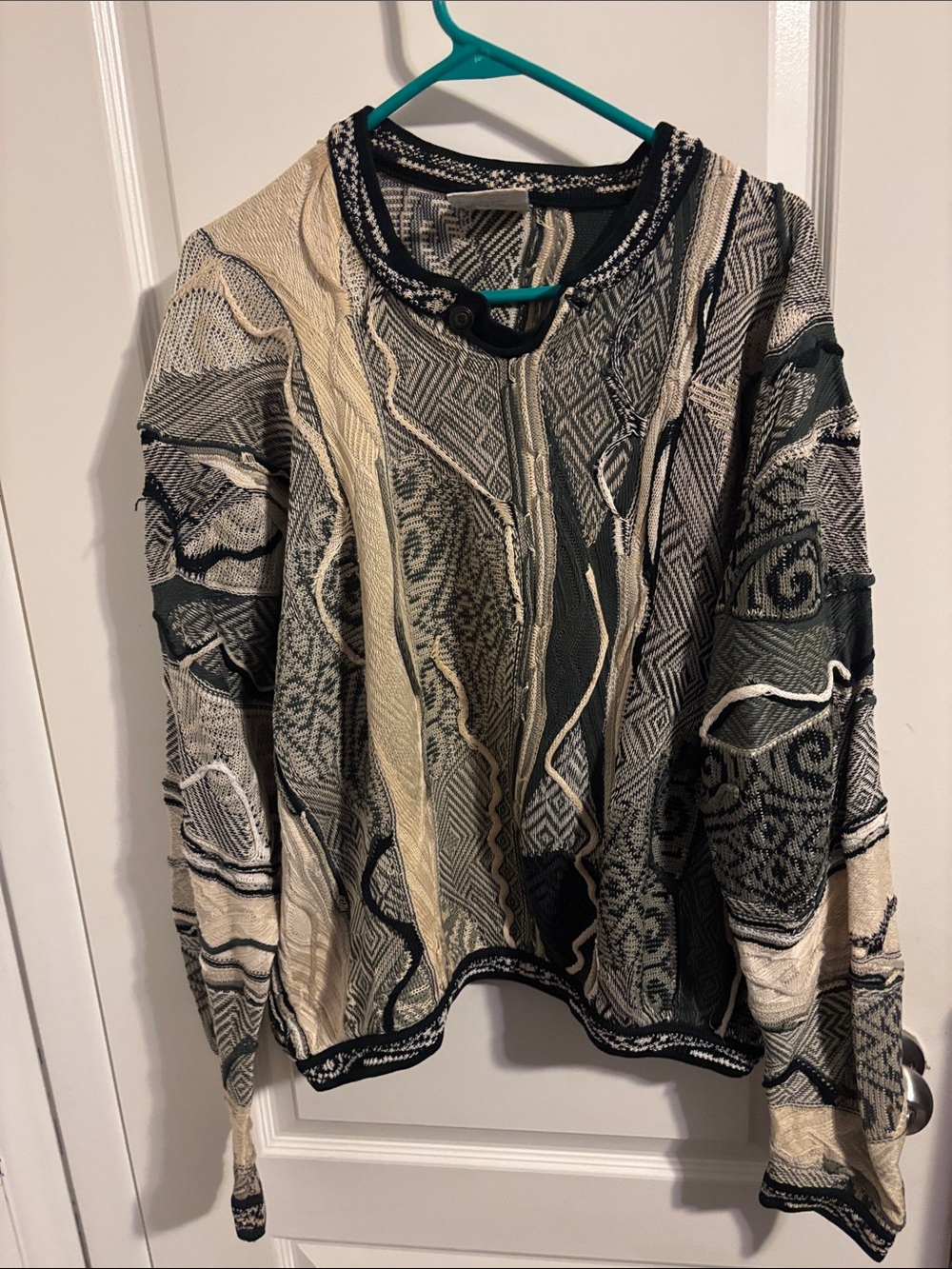 Vintage COOGI Australia 3D Knit Button Collar Sweater Green Large